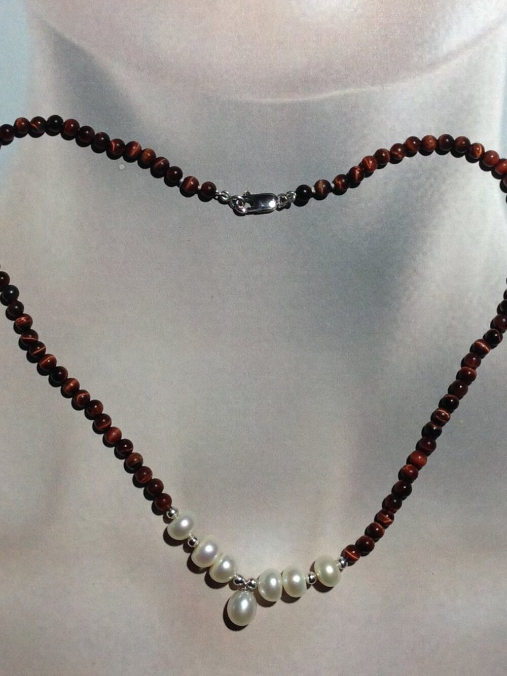 Burnt Red Tiger-Eye Beads and Freshwater Pearl Necklace.